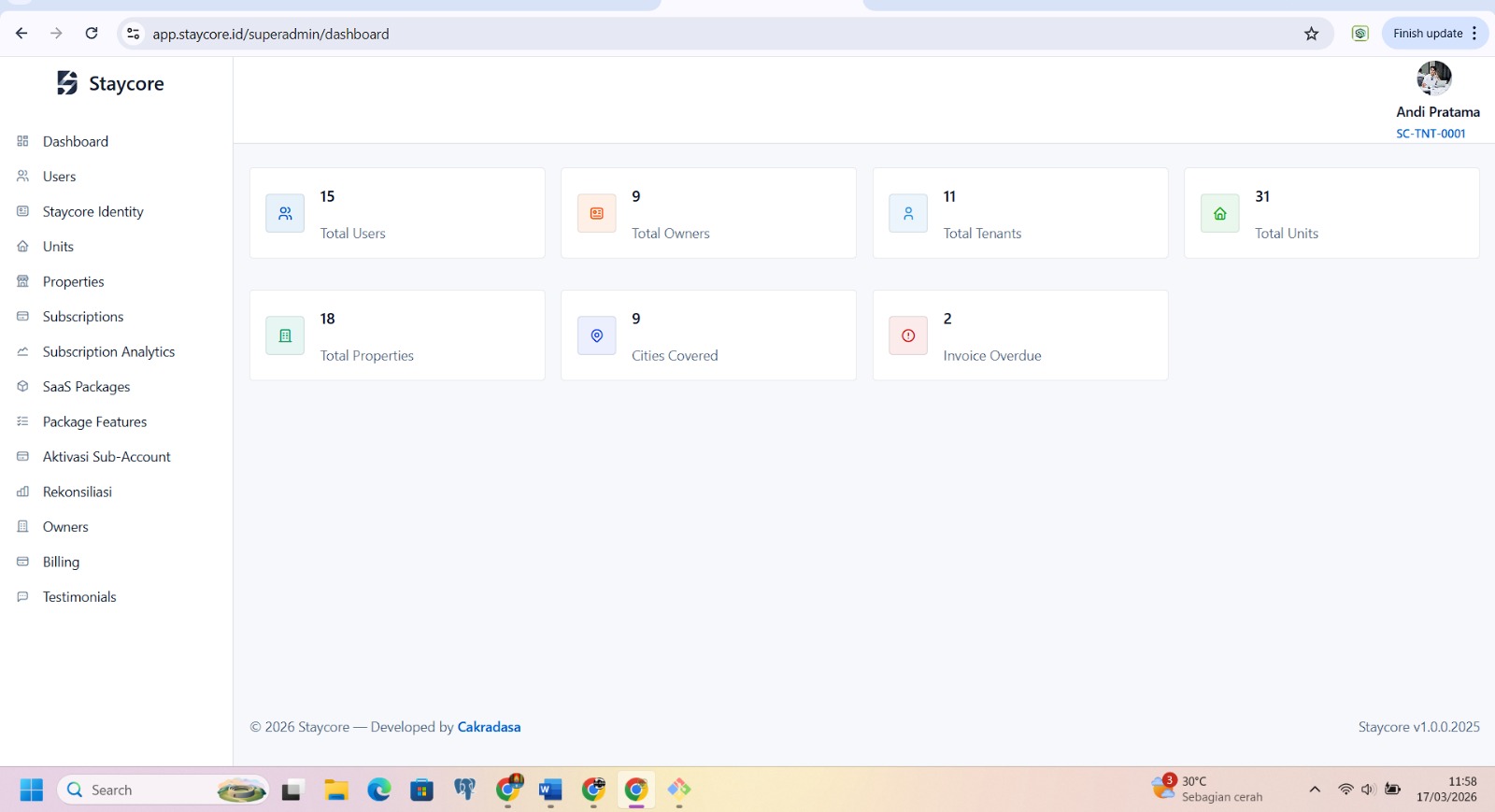 Dashboard aplikasi StayCore